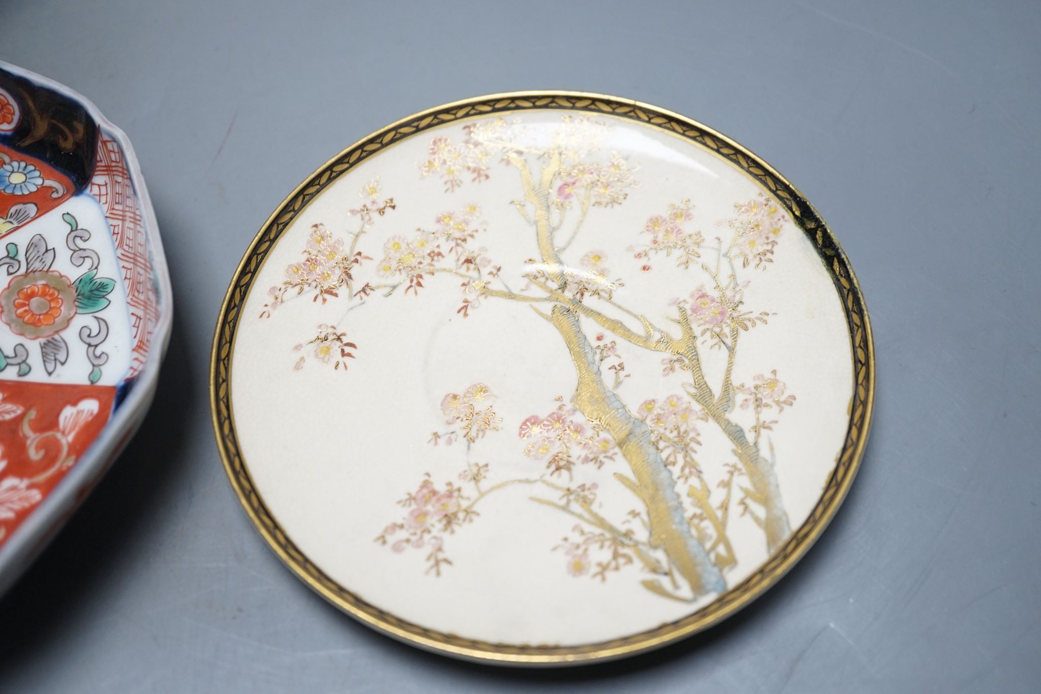 Two Japanese Satsuma pottery saucers, three Kutani saucers, and Imari dish and a Japanese cloisonné enamel koro and cover